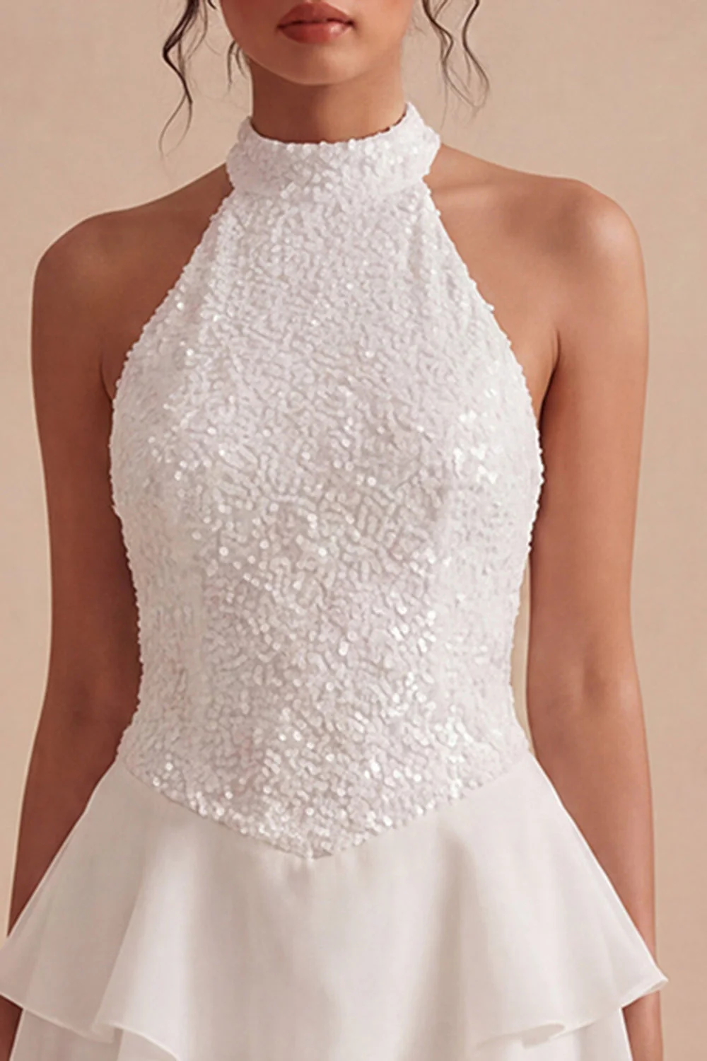 Halter White A Line Graduation Dress with Ruffles - Image 4
