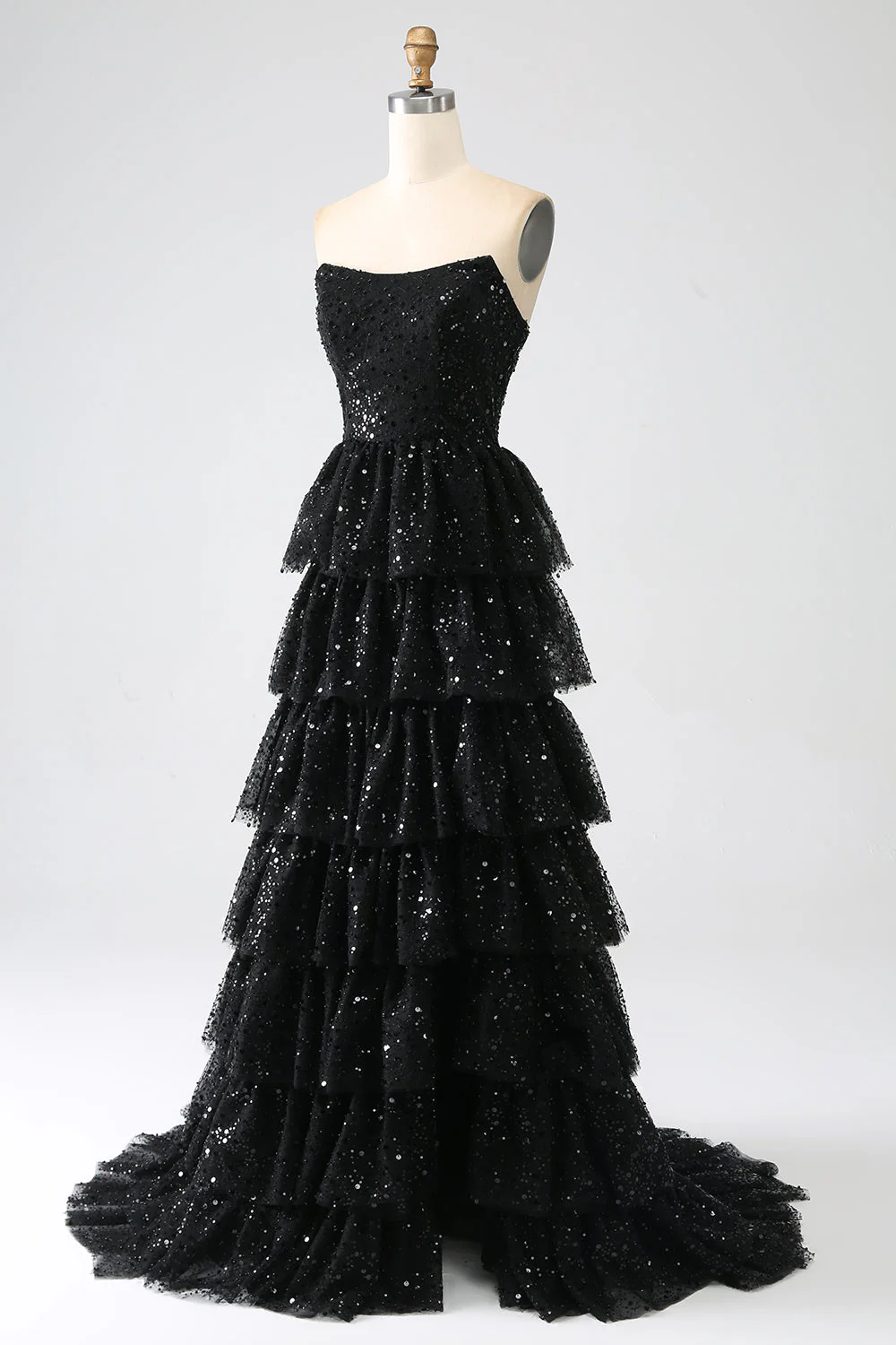 A-Line Sequins Black Tiered Prom Dress with Slit - Image 5