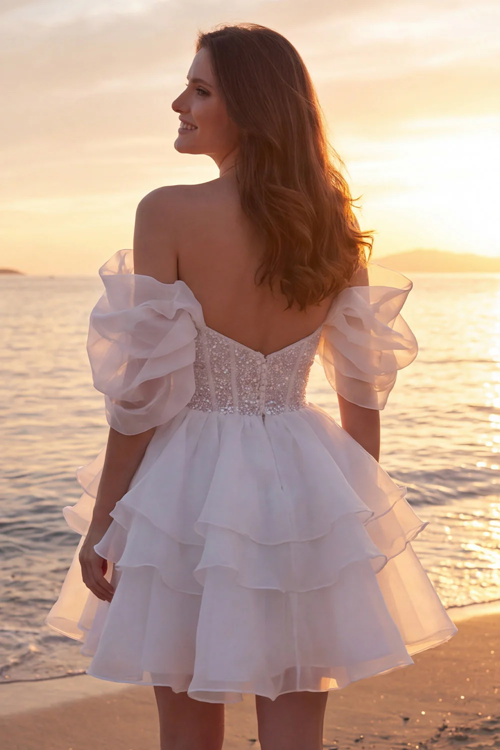 Off The Shoulder Ivory A Line Corset Short Bridal Shower Dress with Ruffles - Image 2