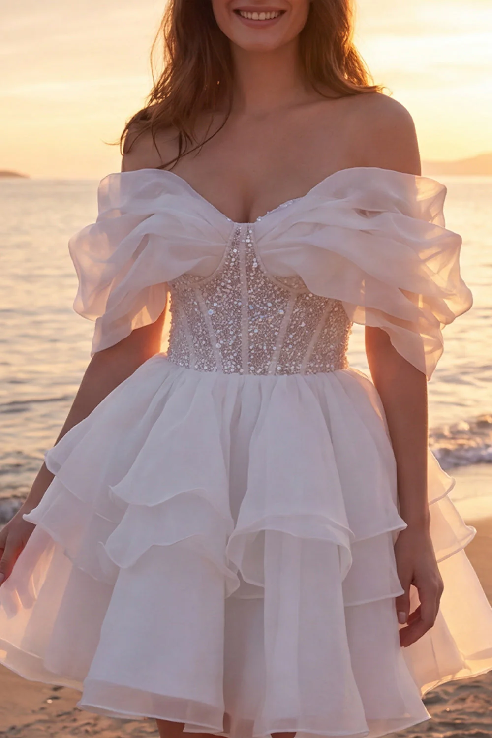 Off The Shoulder Ivory A Line Corset Short Bridal Shower Dress with Ruffles - Image 3