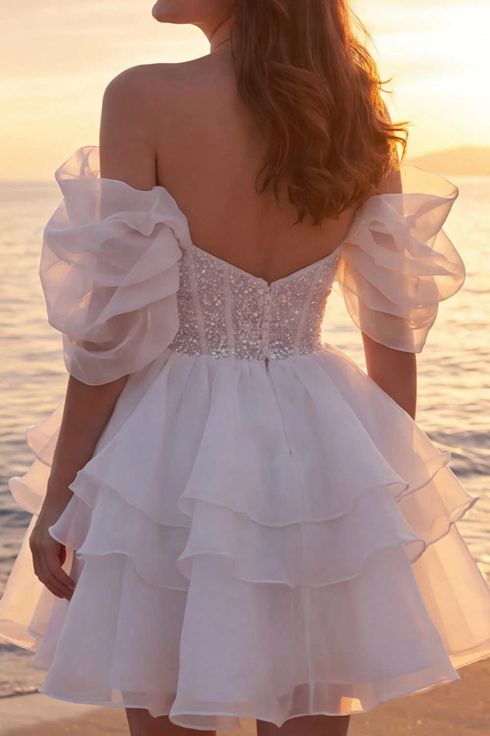 Off The Shoulder Ivory A Line Corset Short Bridal Shower Dress with Ruffles - Image 4