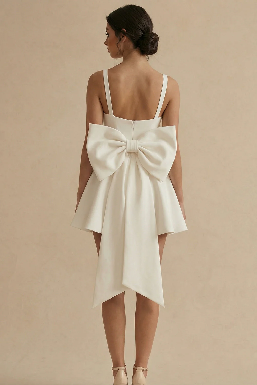 A-Line Spaghetti Starp Mini Satin Little White Dress with Bow - Image 2