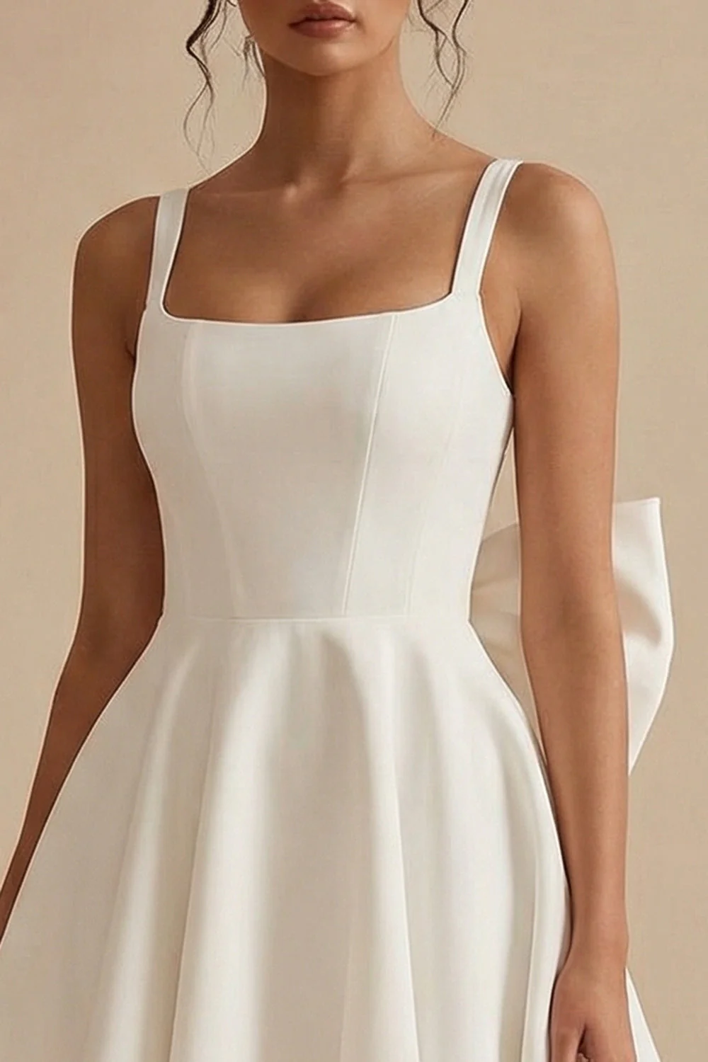 A-Line Spaghetti Starp Mini Satin Little White Dress with Bow - Image 3