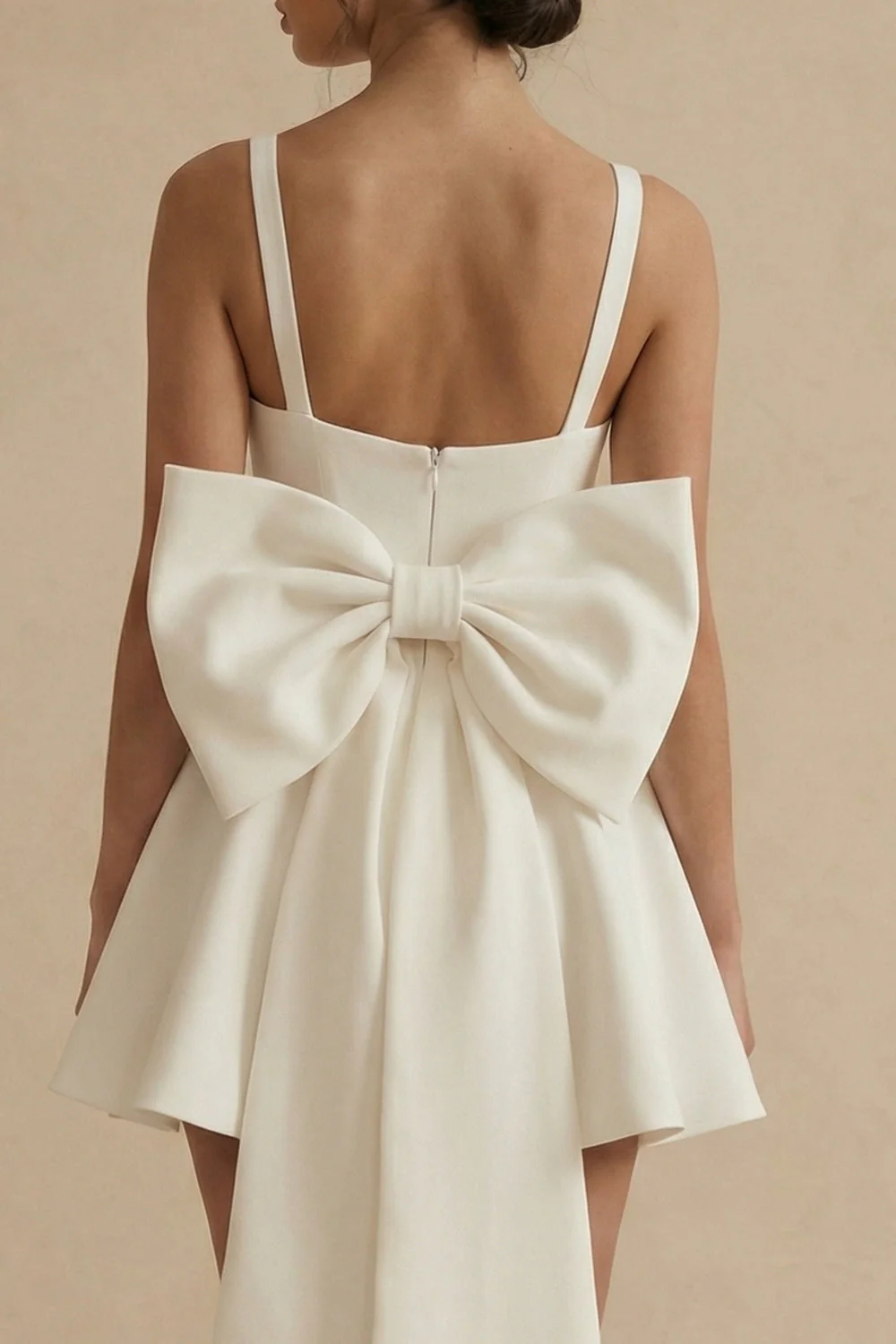 A-Line Spaghetti Starp Mini Satin Little White Dress with Bow - Image 4
