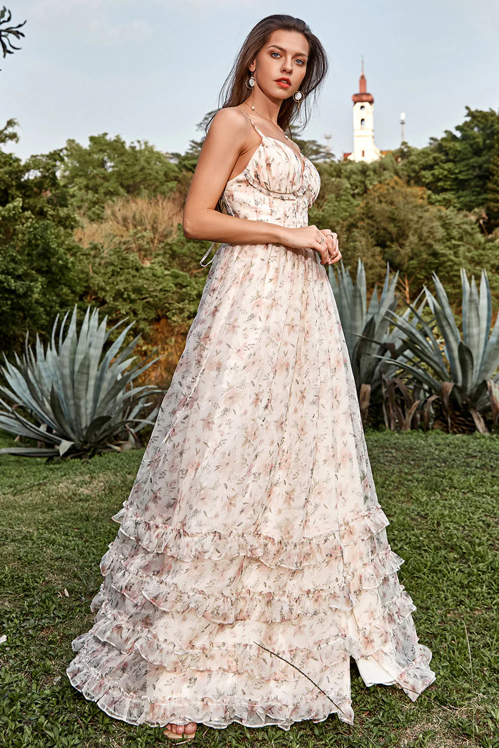 A Line Spaghetti Straps Apricot Print Prom Dress with Slit - Image 6
