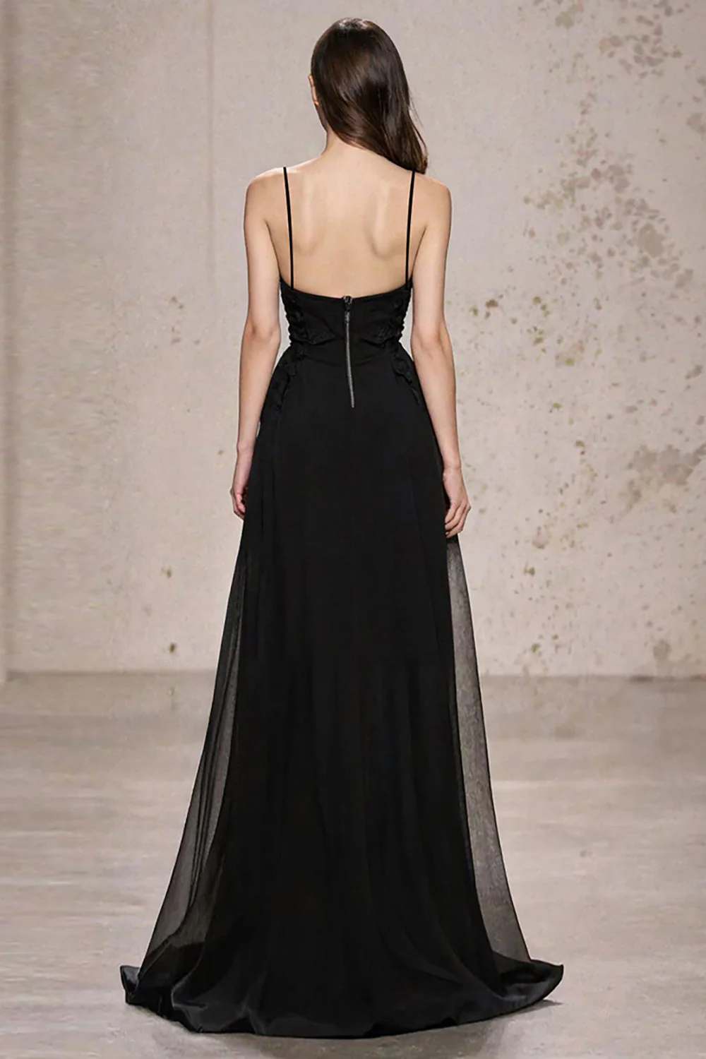 A Line Spaghetti Straps Black Tie Dress with Slit - Image 2