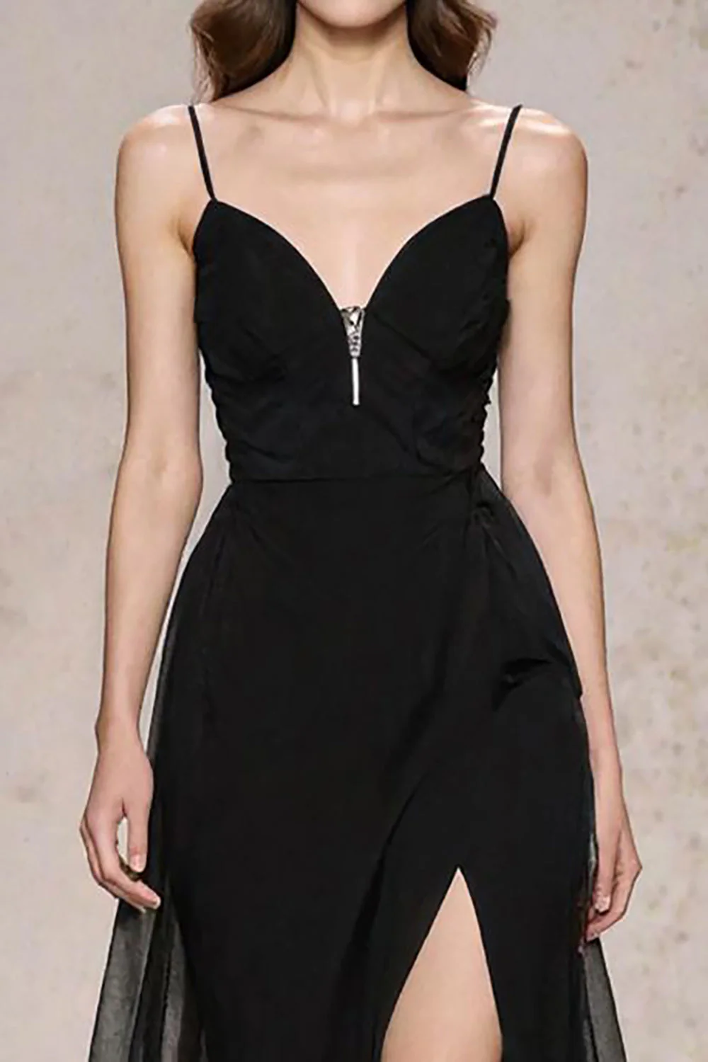 A Line Spaghetti Straps Black Tie Dress with Slit - Image 3