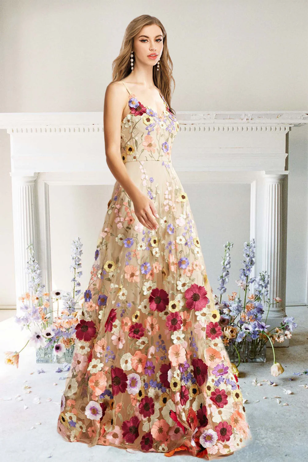 A Line Spaghetti Straps Champagne Long Prom Dress with Appliques - Image 3