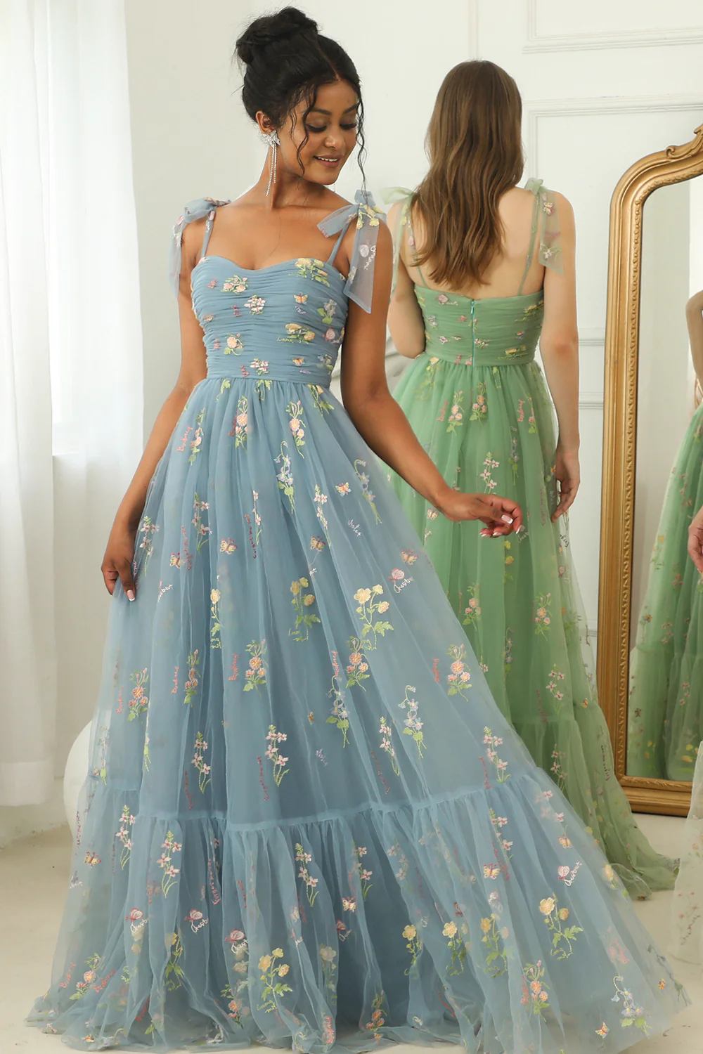 A Line Spaghetti Straps Champagne Prom Dress with Appliques - Image 9