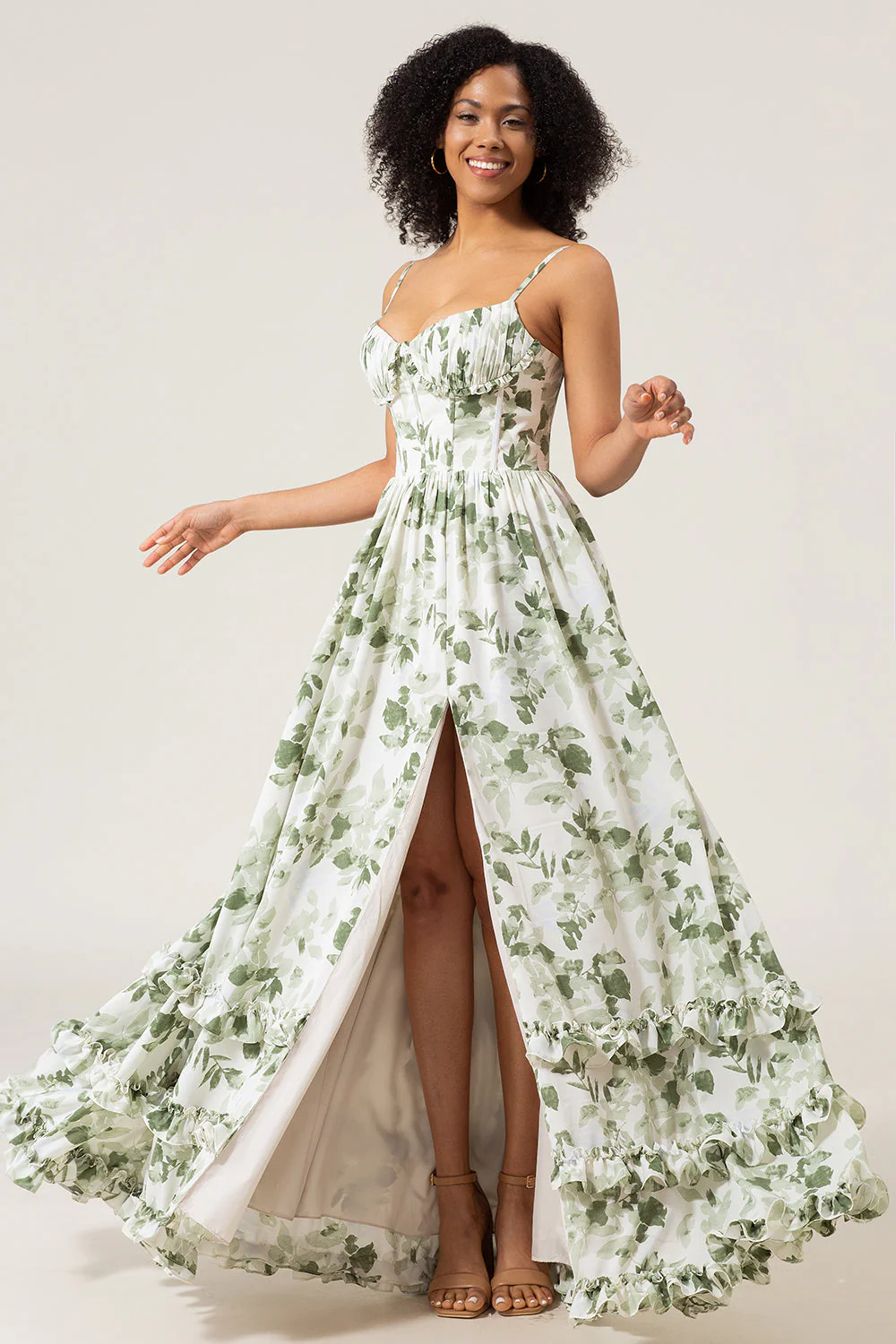 A-Line Spaghetti Straps Green Printed Long Prom Dress With Slit - Image 5