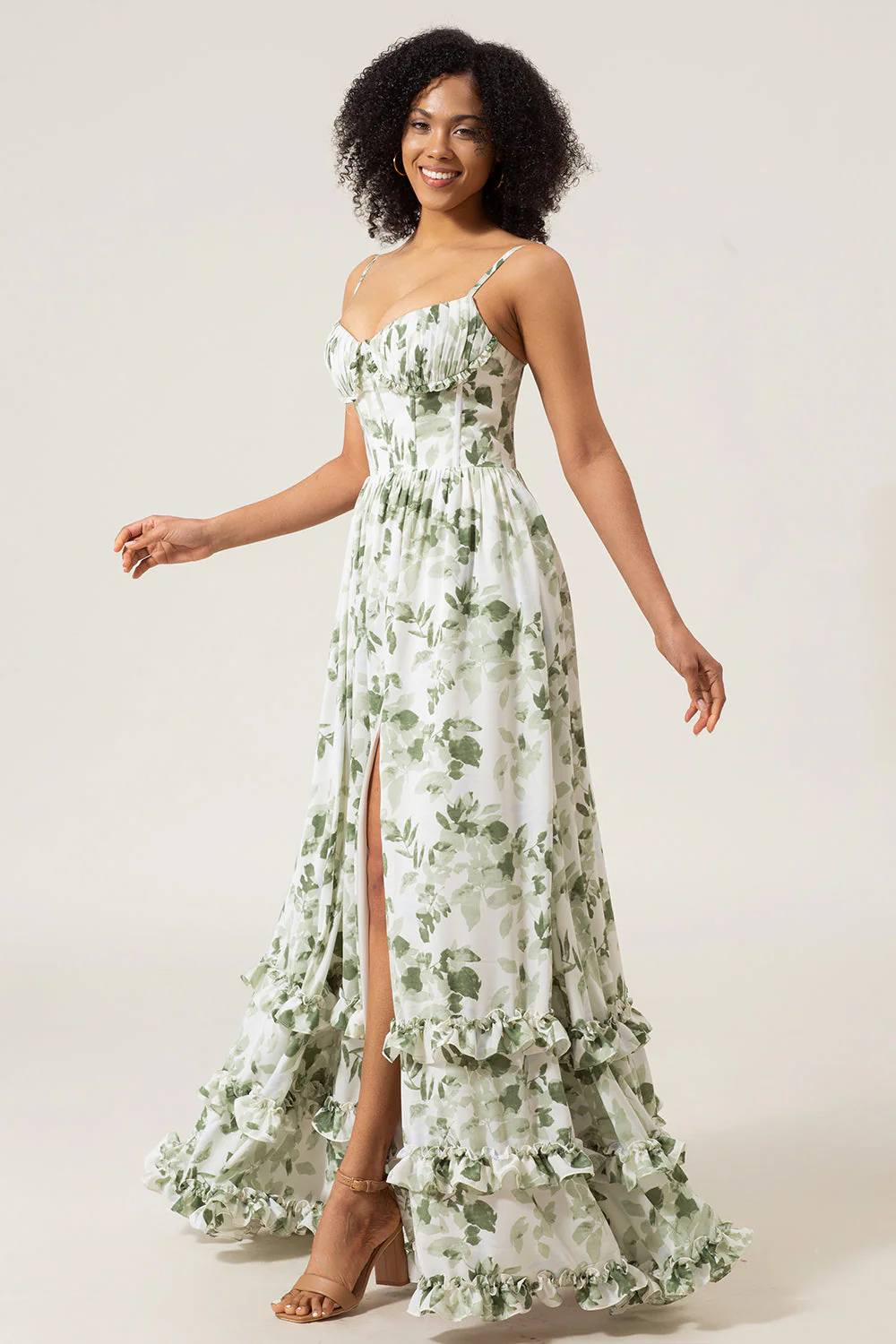 A-Line Spaghetti Straps Green Printed Long Prom Dress With Slit - Image 6