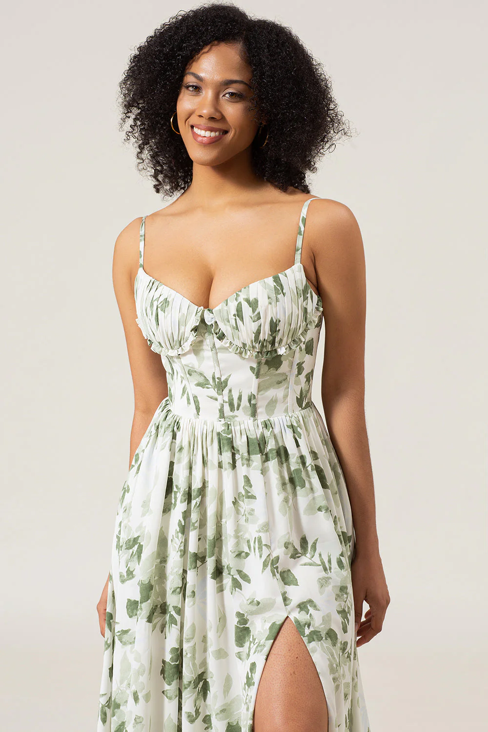 A-Line Spaghetti Straps Green Printed Long Prom Dress With Slit - Image 7