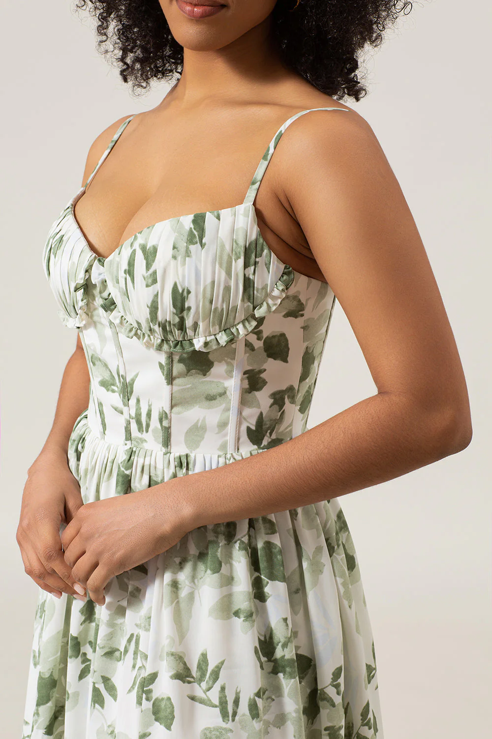 A-Line Spaghetti Straps Green Printed Long Prom Dress With Slit - Image 8
