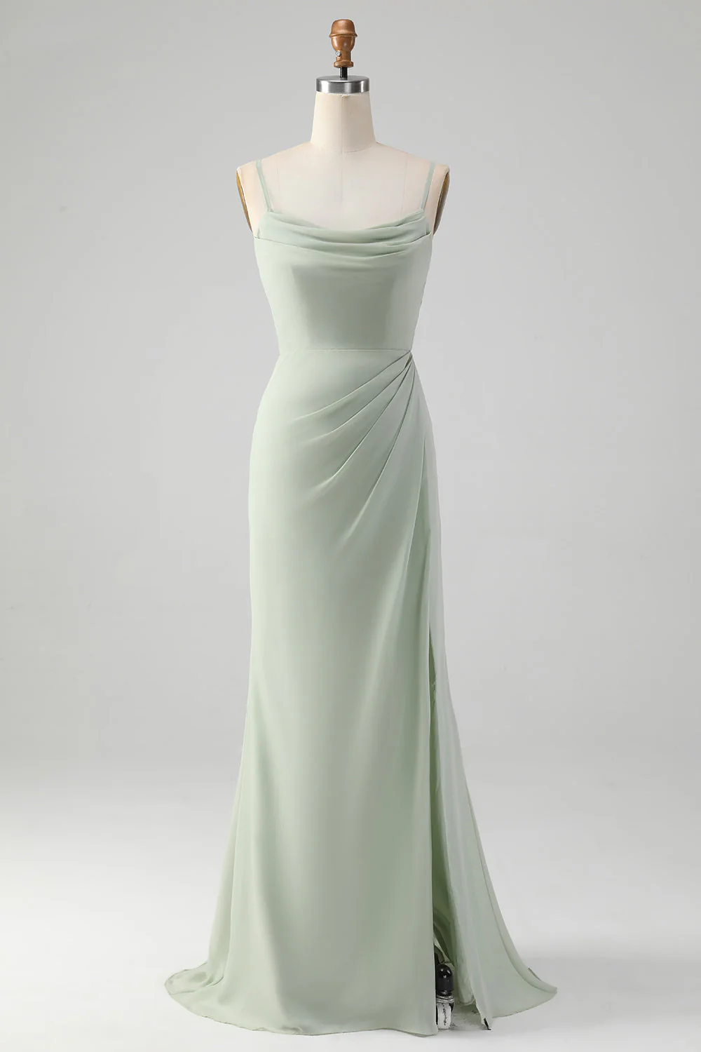 A Line Spaghetti Straps Matcha Long Bridesmaid Dress with Lace Up Back - Image 3