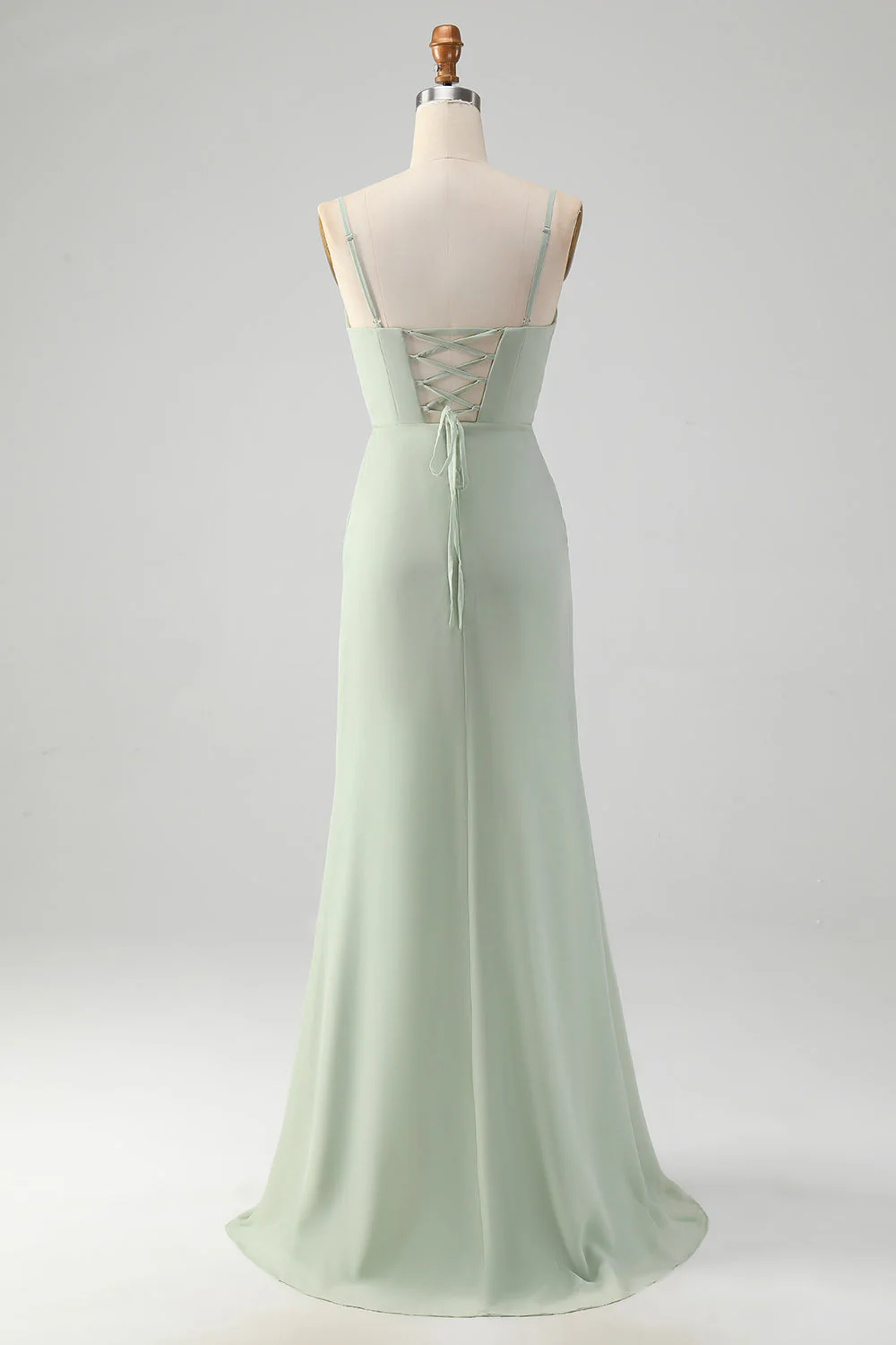 A Line Spaghetti Straps Matcha Long Bridesmaid Dress with Lace Up Back - Image 4