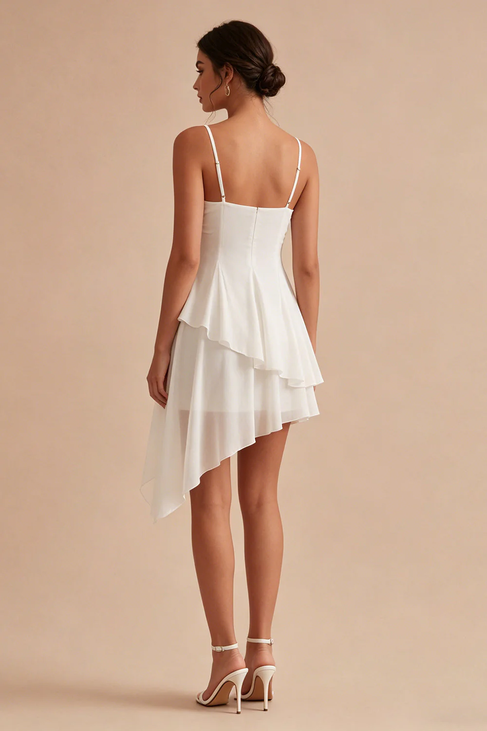 White A Line Spaghetti Straps Ruffled Asymmetrical Graduation Dress - Image 2