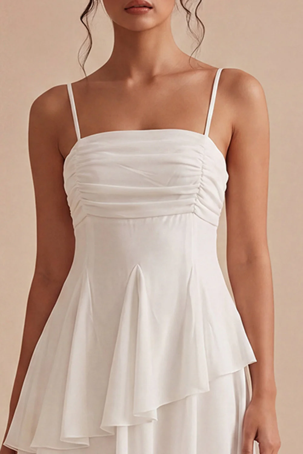 White A Line Spaghetti Straps Ruffled Asymmetrical Graduation Dress - Image 3