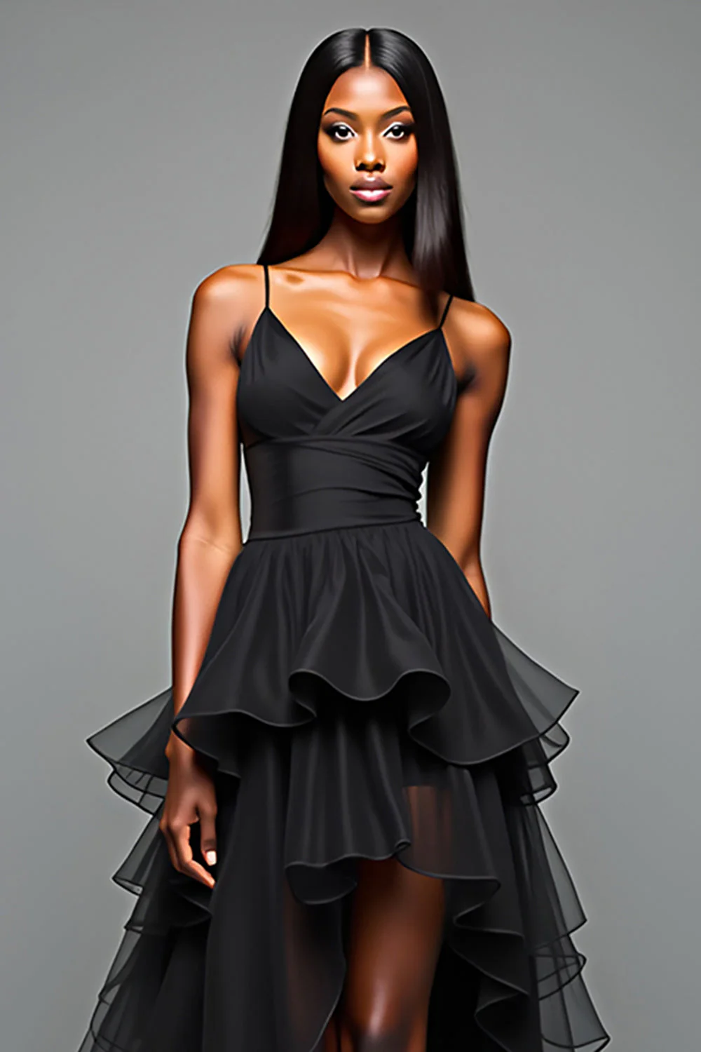 A Line Spaghetti Straps Ruffled Black Tie Dress With Slit - Image 3