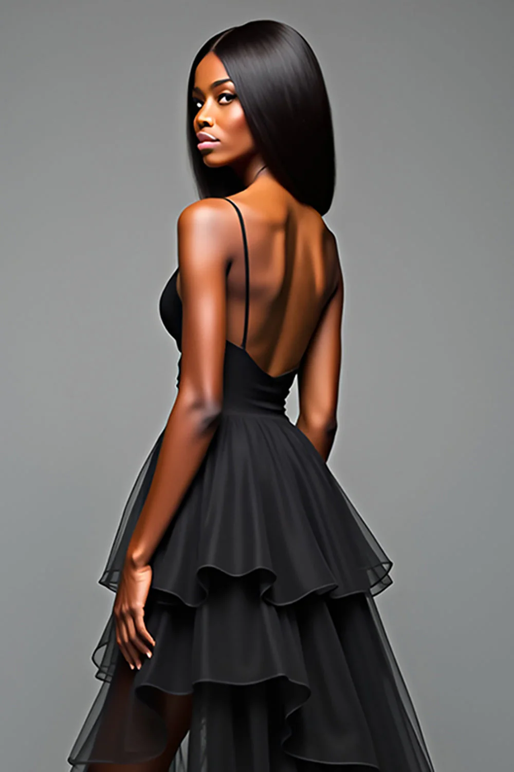 A Line Spaghetti Straps Ruffled Black Tie Dress With Slit - Image 4