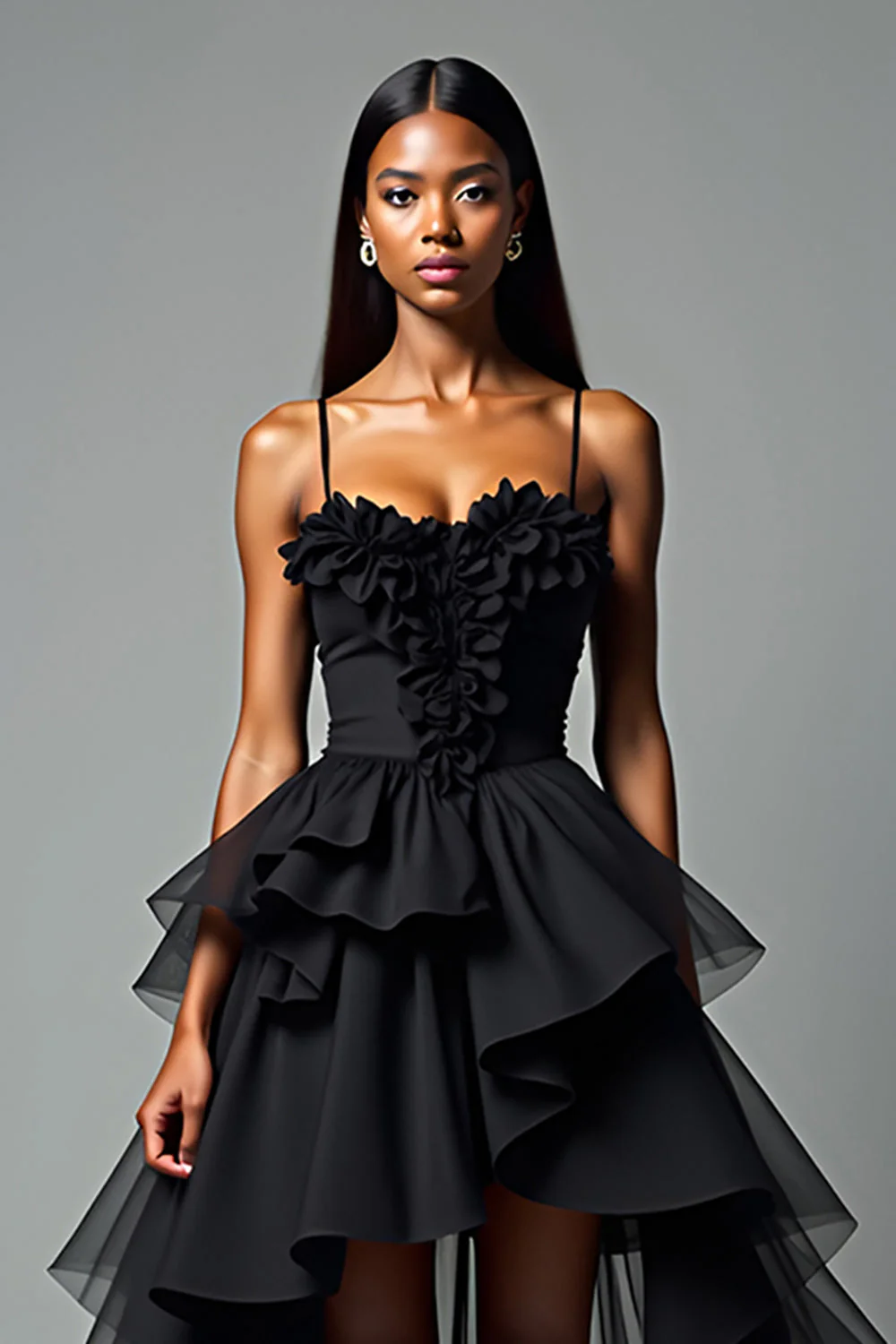 A Line Spaghetti Straps Ruffled Tiered Black Tie Dress - Image 3
