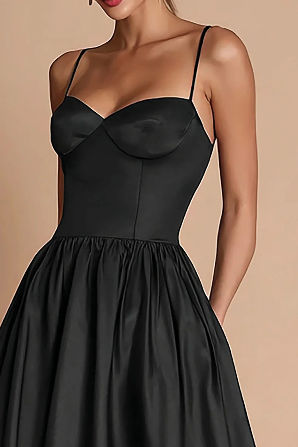 A Line Spaghetti Straps Satin Black Tie Dress - Image 2