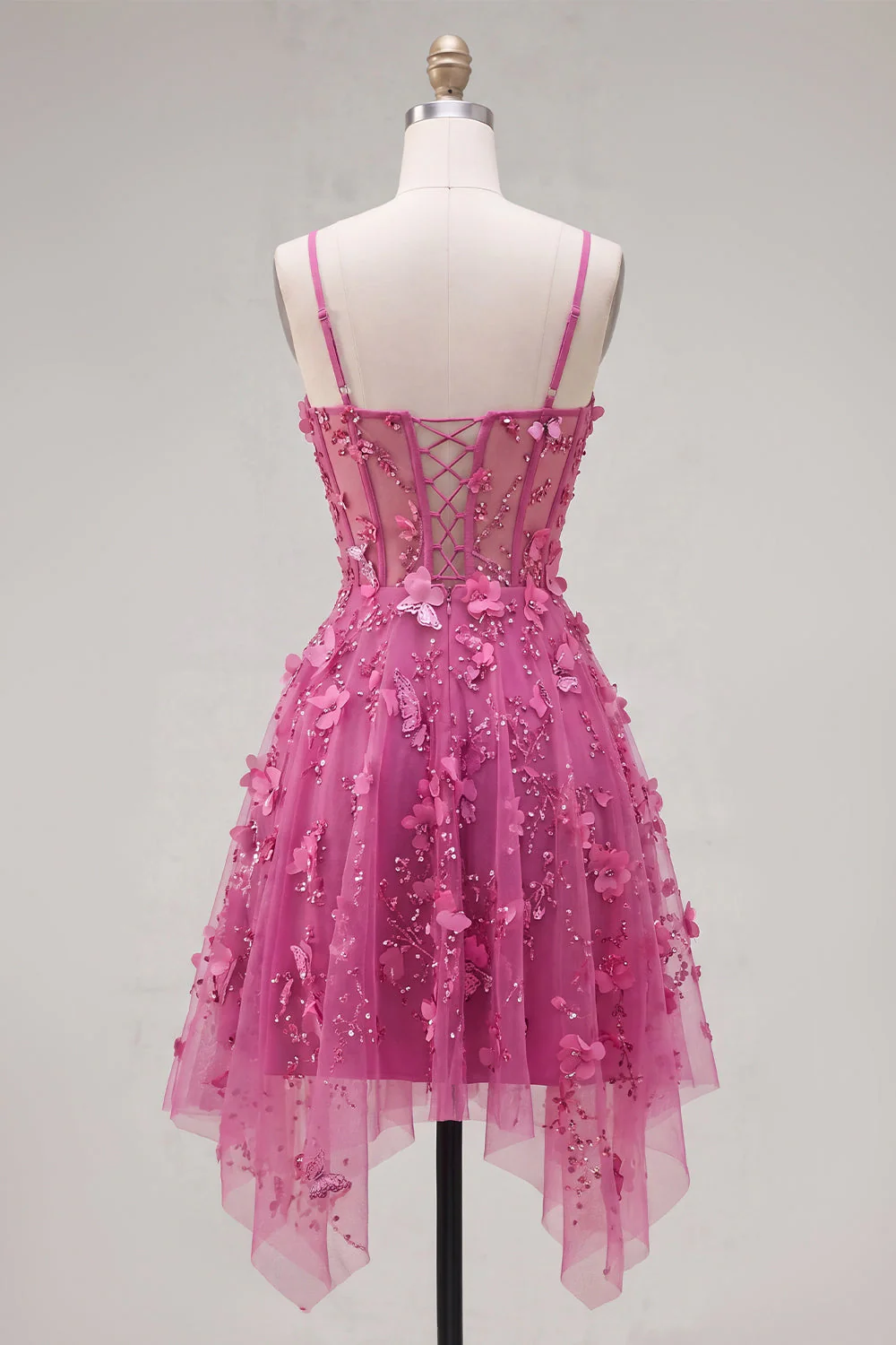 Fuchsia Sheer Corset Floral A Line Short Cocktail Dress with Lace Up Back - Image 2