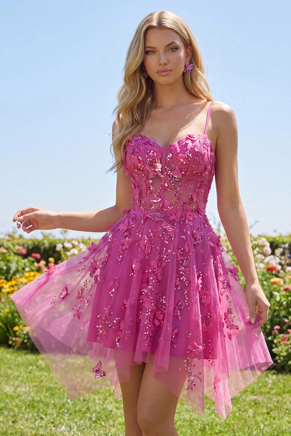Fuchsia Sheer Corset Floral A Line Short Cocktail Dress with Lace Up Back - Image 3