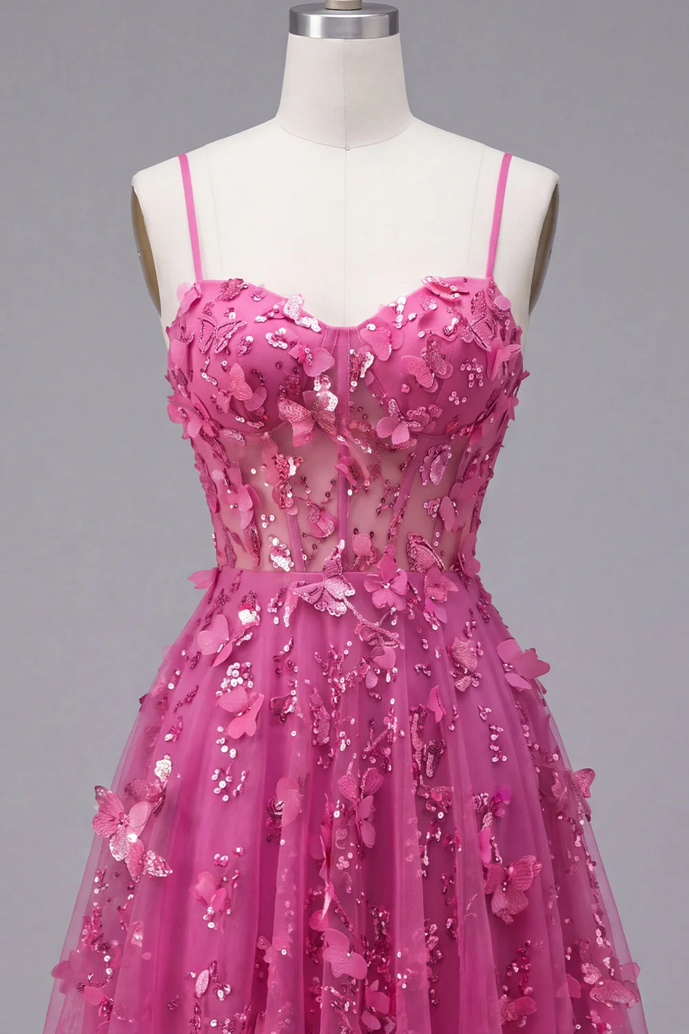 Fuchsia Sheer Corset Floral A Line Short Cocktail Dress with Lace Up Back - Image 5