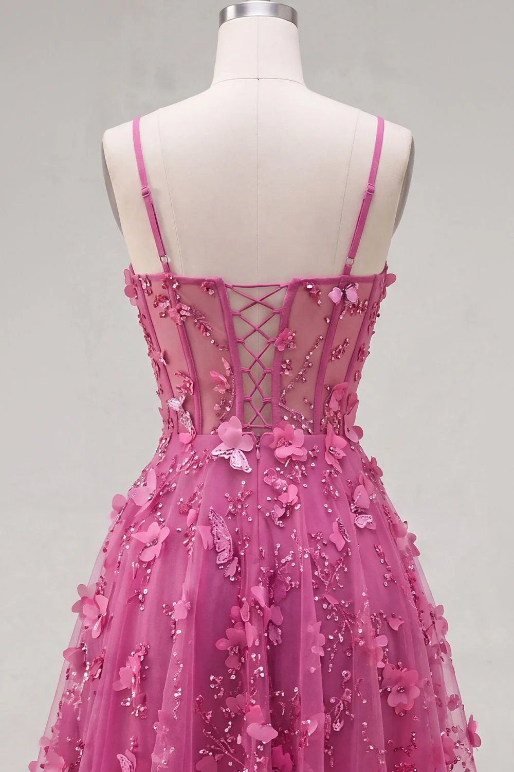 Fuchsia Sheer Corset Floral A Line Short Cocktail Dress with Lace Up Back - Image 6