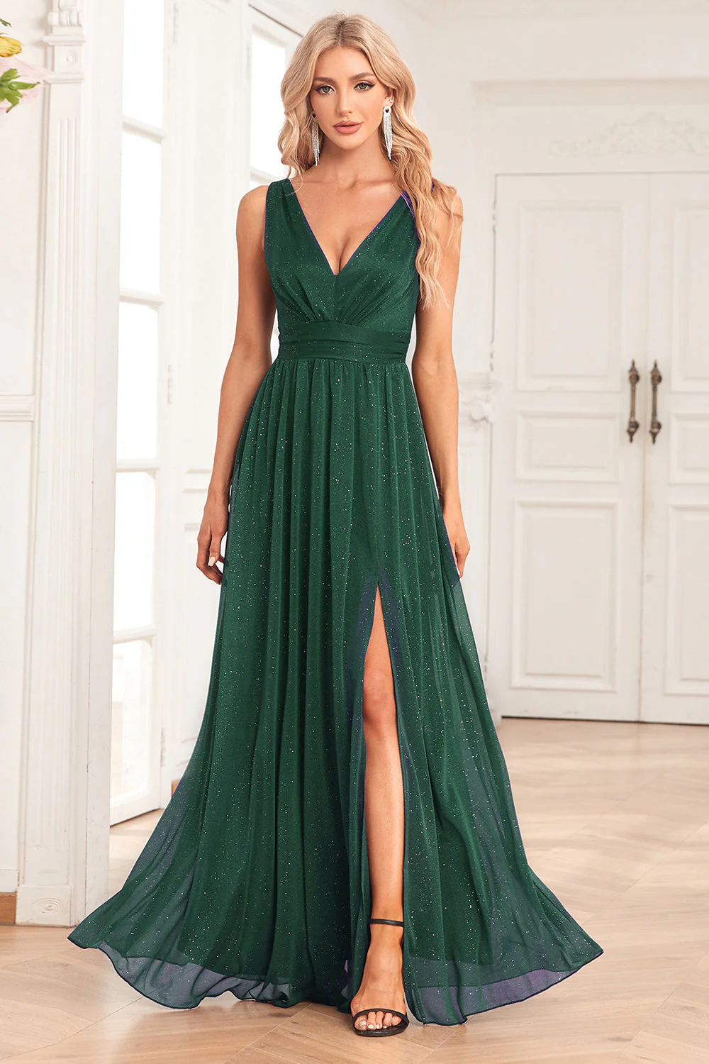 Dark Green A-Line V-Neck Long Evening Dress with Slit - Image 3
