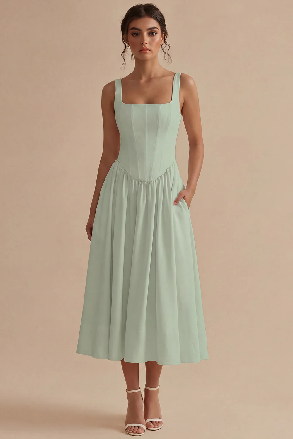A-Line Square Neck Corse Satin White Dress - Image 10
