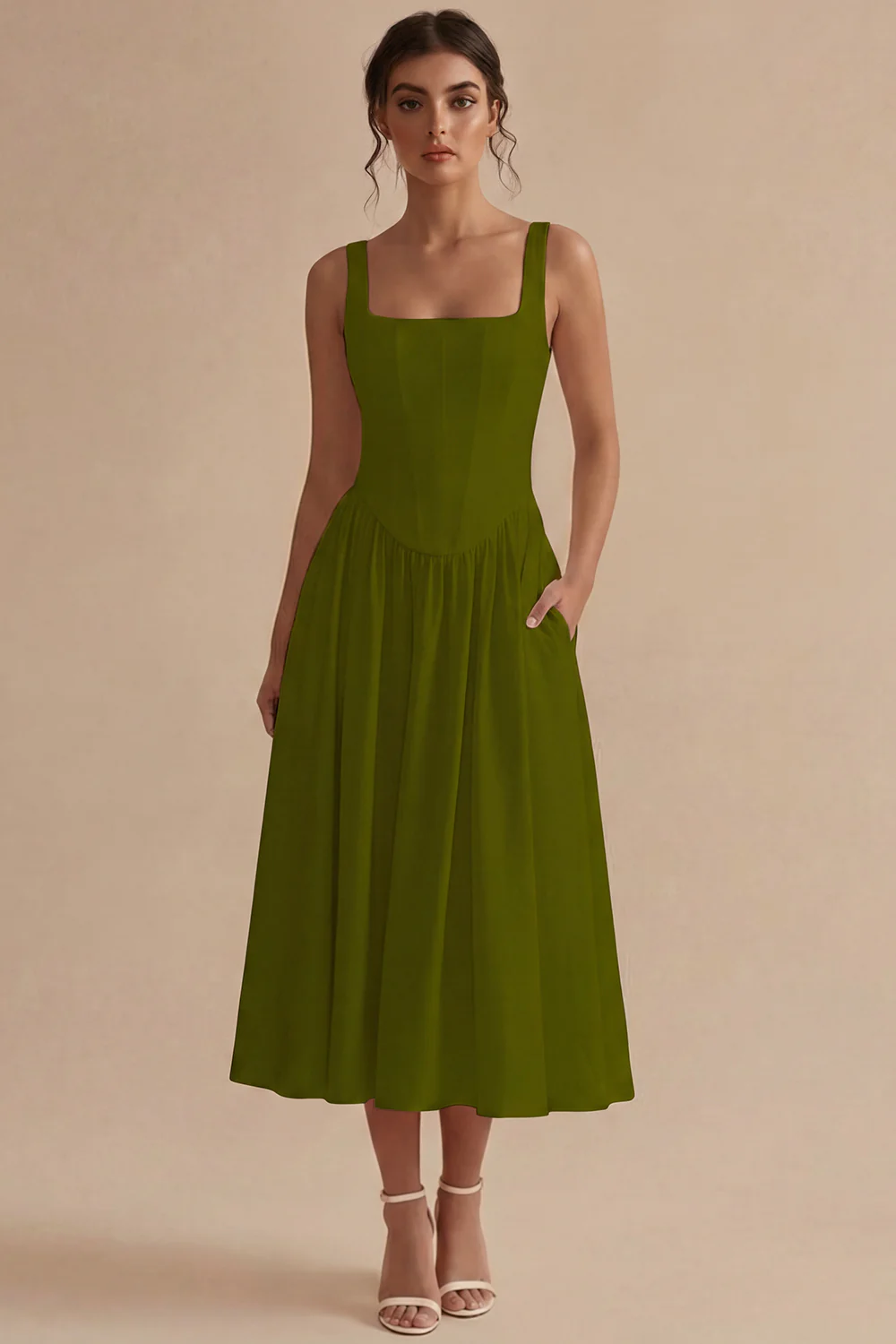 A-Line Square Neck Corse Satin White Dress - Image 11