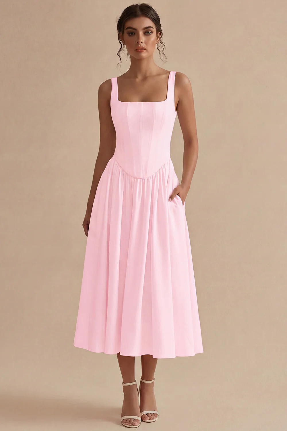 A-Line Square Neck Corse Satin White Dress - Image 12
