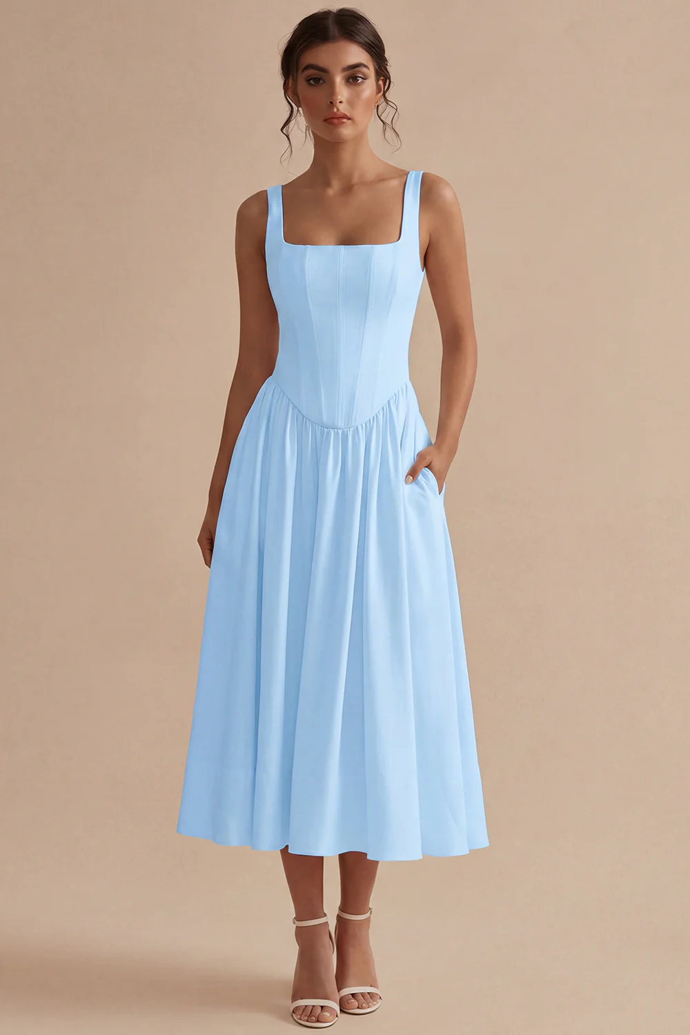 A-Line Square Neck Corse Satin White Dress - Image 13