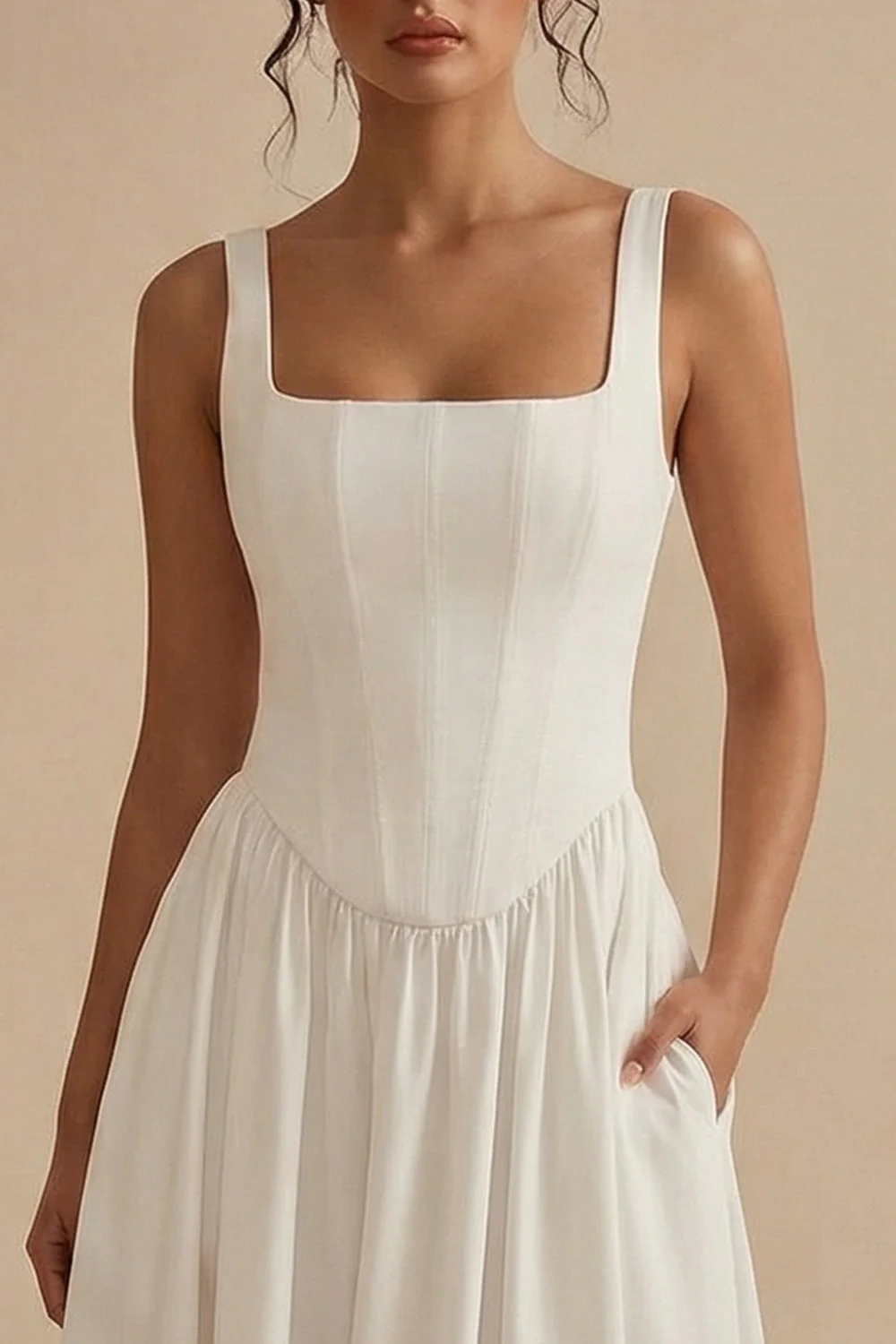 A-Line Square Neck Corse Satin White Dress - Image 3