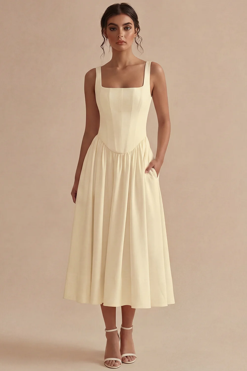 A-Line Square Neck Corse Satin White Dress - Image 6