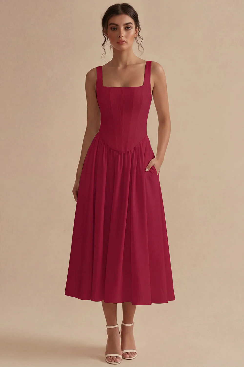 A-Line Square Neck Corse Satin White Dress - Image 7
