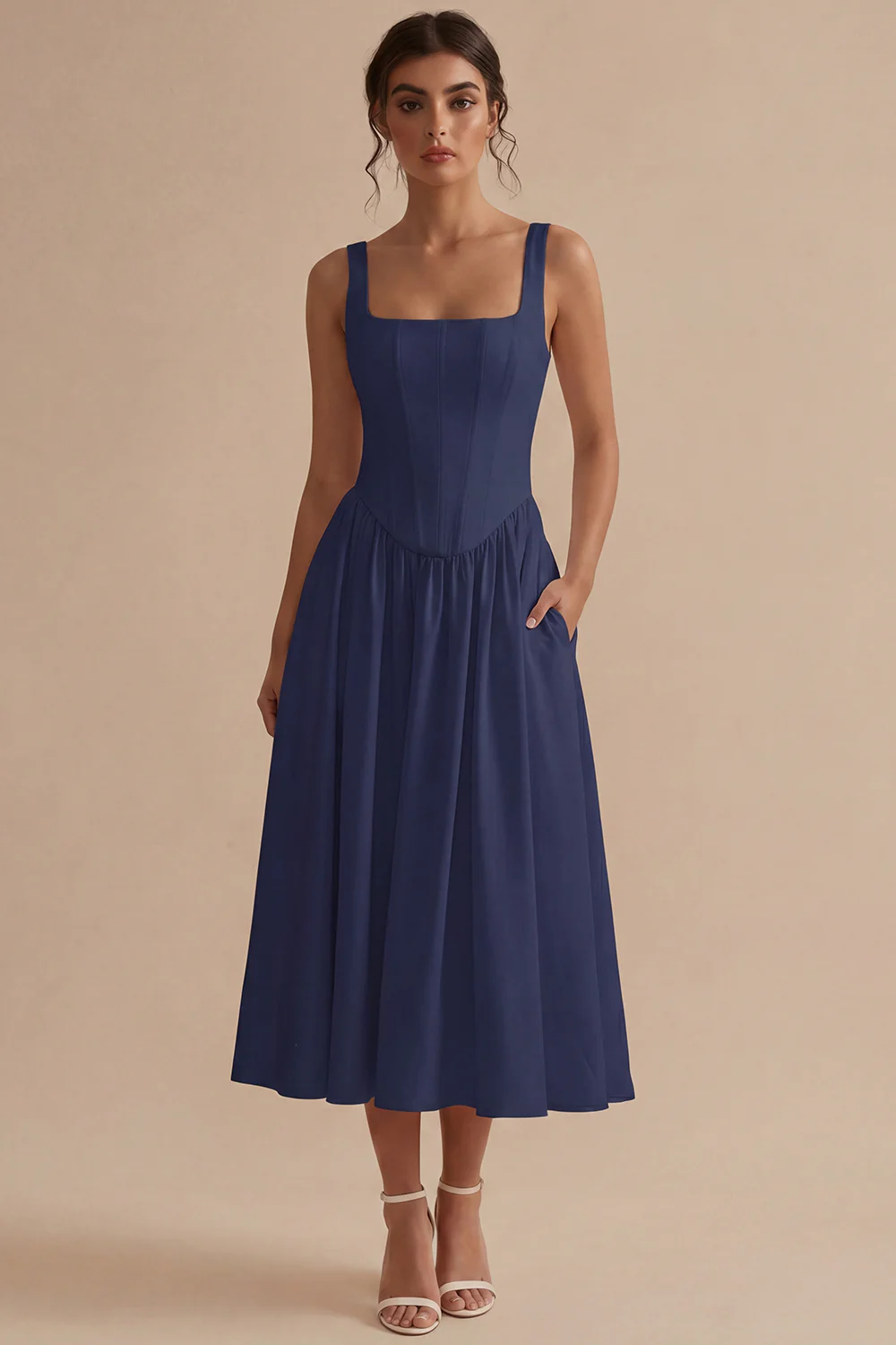 A-Line Square Neck Corse Satin White Dress - Image 9