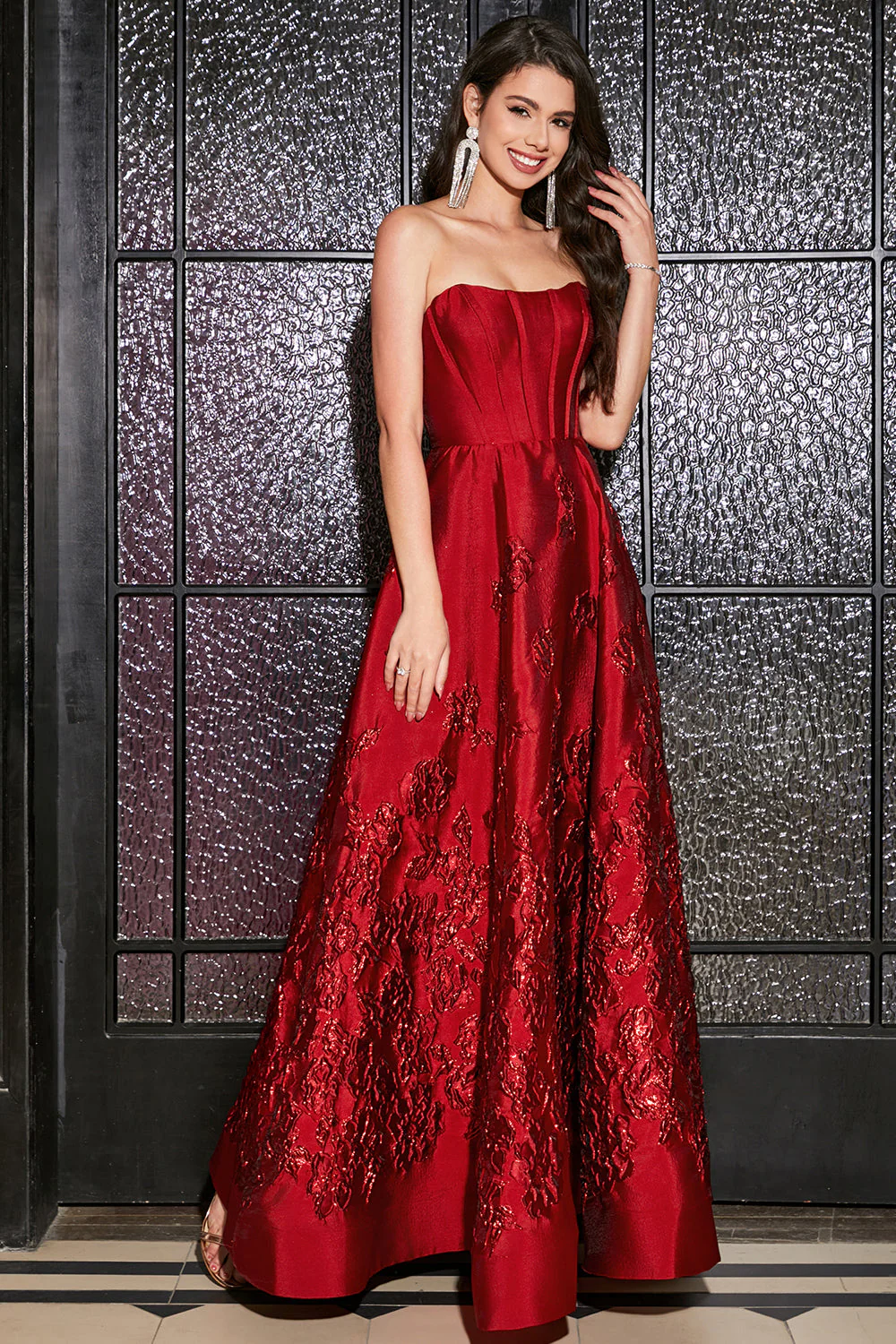 A-Line Strapless Elegant Princess Dark Red Long Prom Dress with 3D Flowers - Image 3