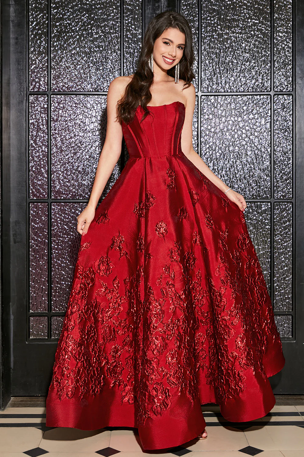 A-Line Strapless Elegant Princess Dark Red Long Prom Dress with 3D Flowers - Image 4