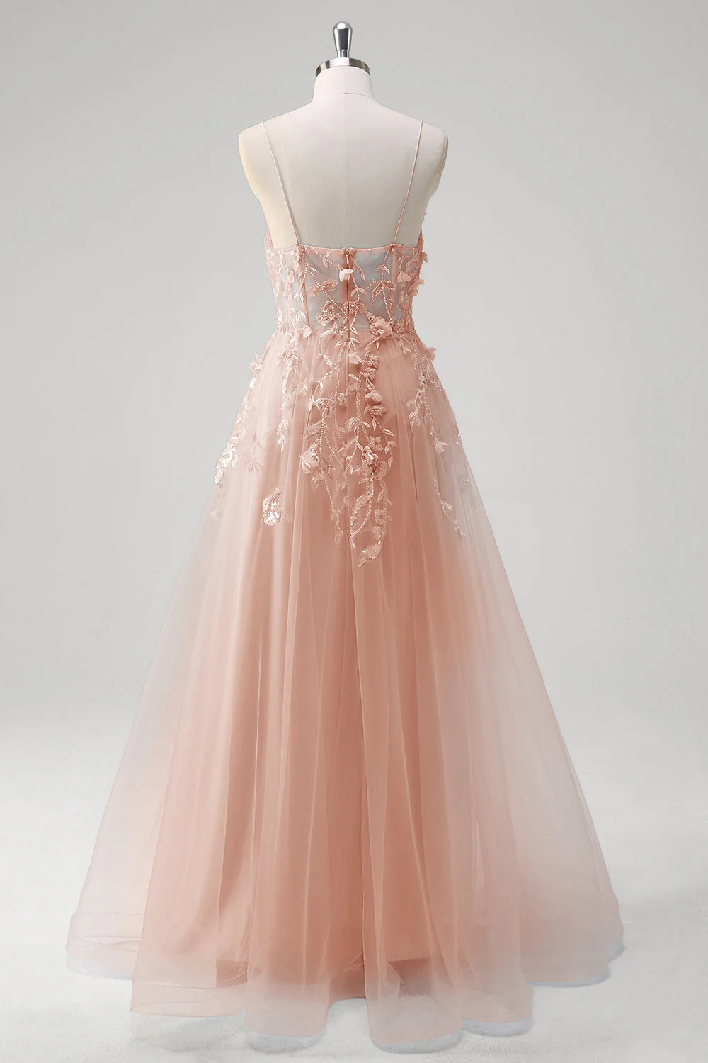 A Line Tulle Spaghetti Straps Corset Applique Blue Prom Dress with Slit - Image 10