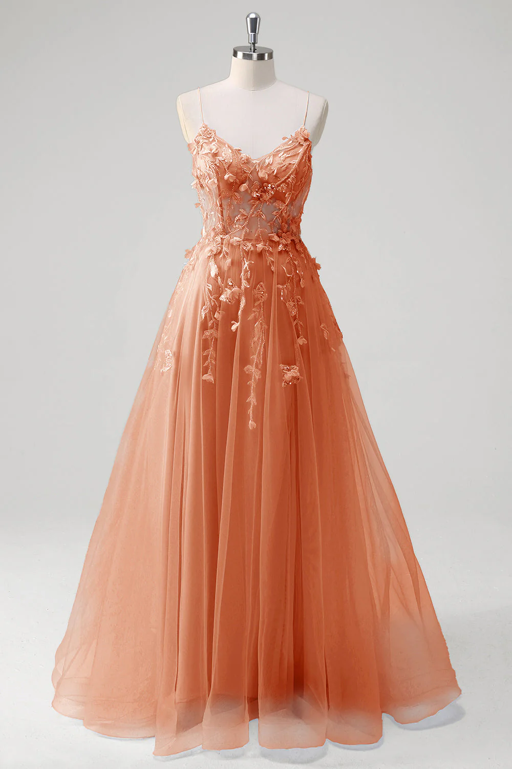 A Line Tulle Spaghetti Straps Corset Applique Blue Prom Dress with Slit - Image 11