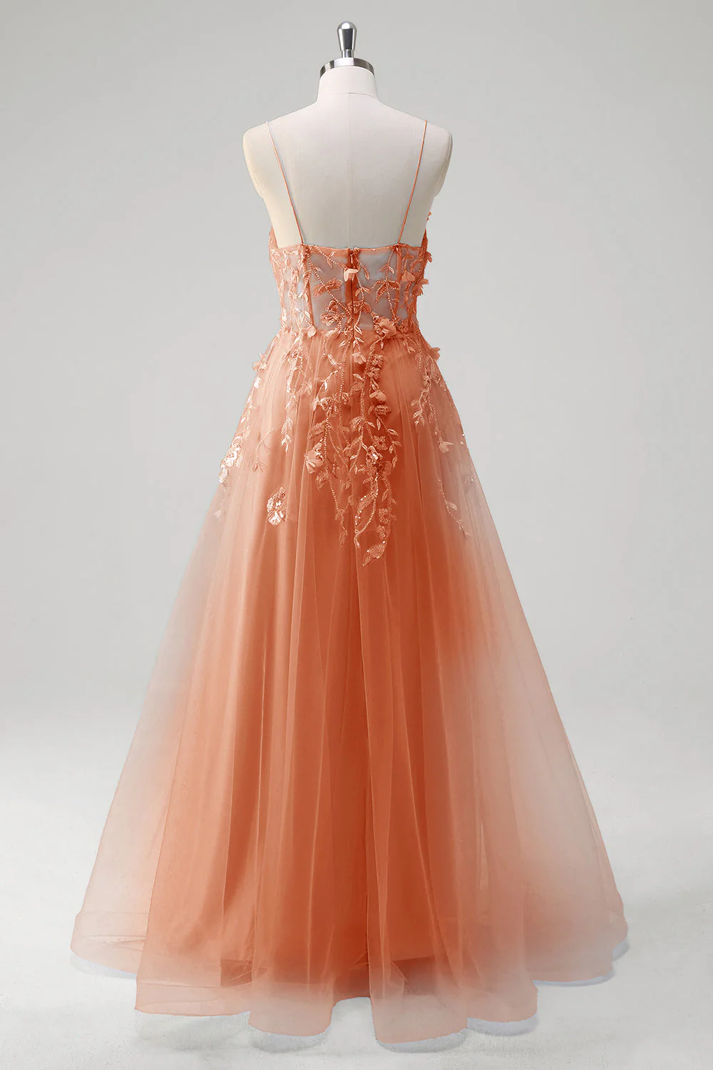 A Line Tulle Spaghetti Straps Corset Applique Blue Prom Dress with Slit - Image 12