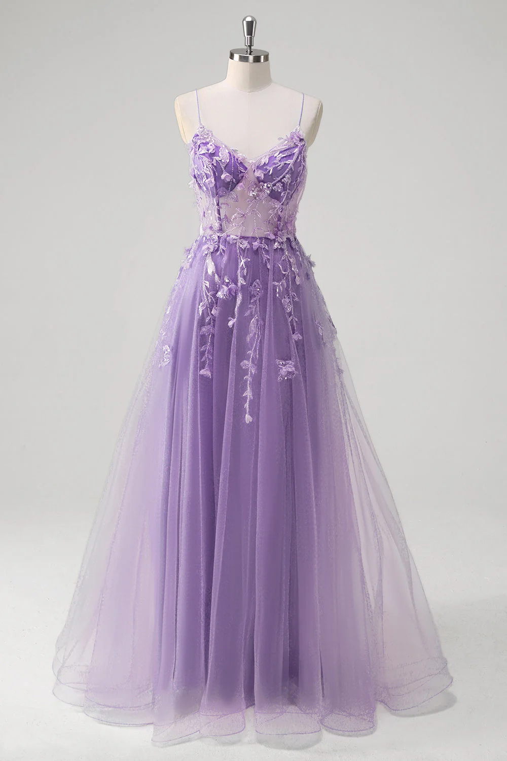 A Line Tulle Spaghetti Straps Corset Applique Blue Prom Dress with Slit - Image 13