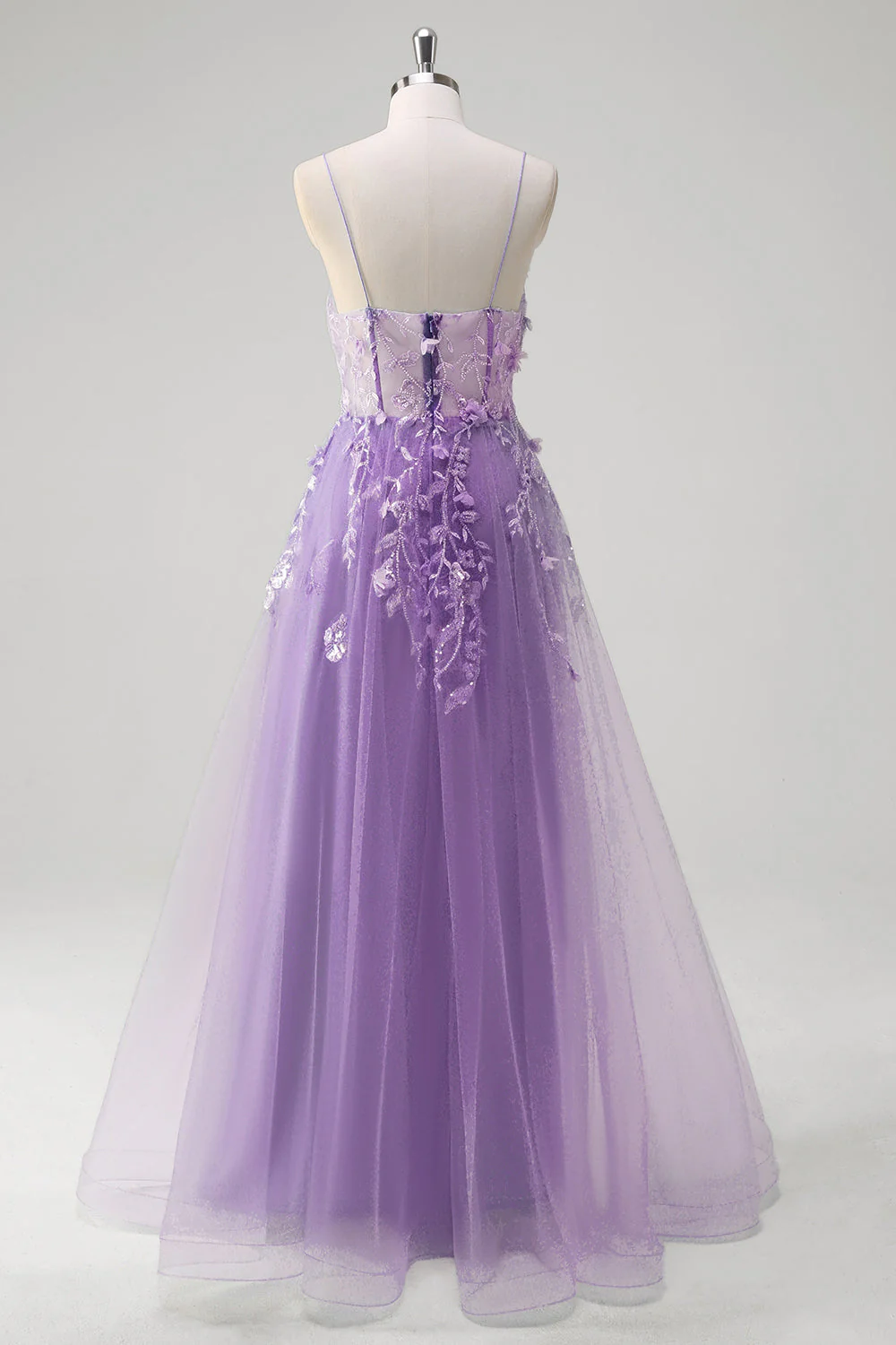 A Line Tulle Spaghetti Straps Corset Applique Blue Prom Dress with Slit - Image 14
