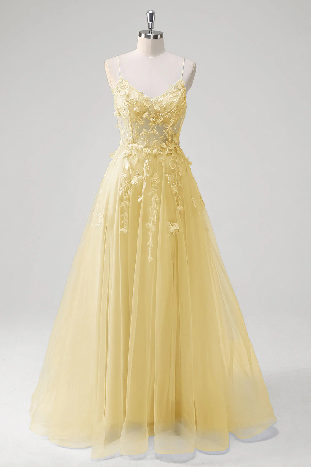 A Line Tulle Spaghetti Straps Corset Applique Blue Prom Dress with Slit - Image 15