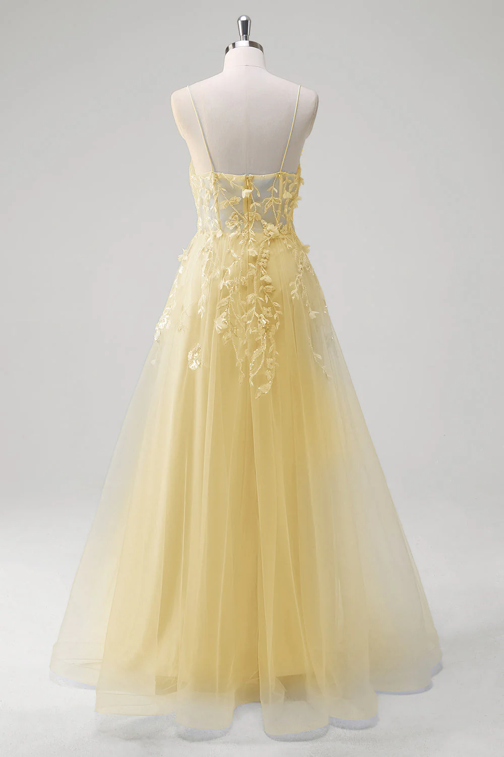 A Line Tulle Spaghetti Straps Corset Applique Blue Prom Dress with Slit - Image 16