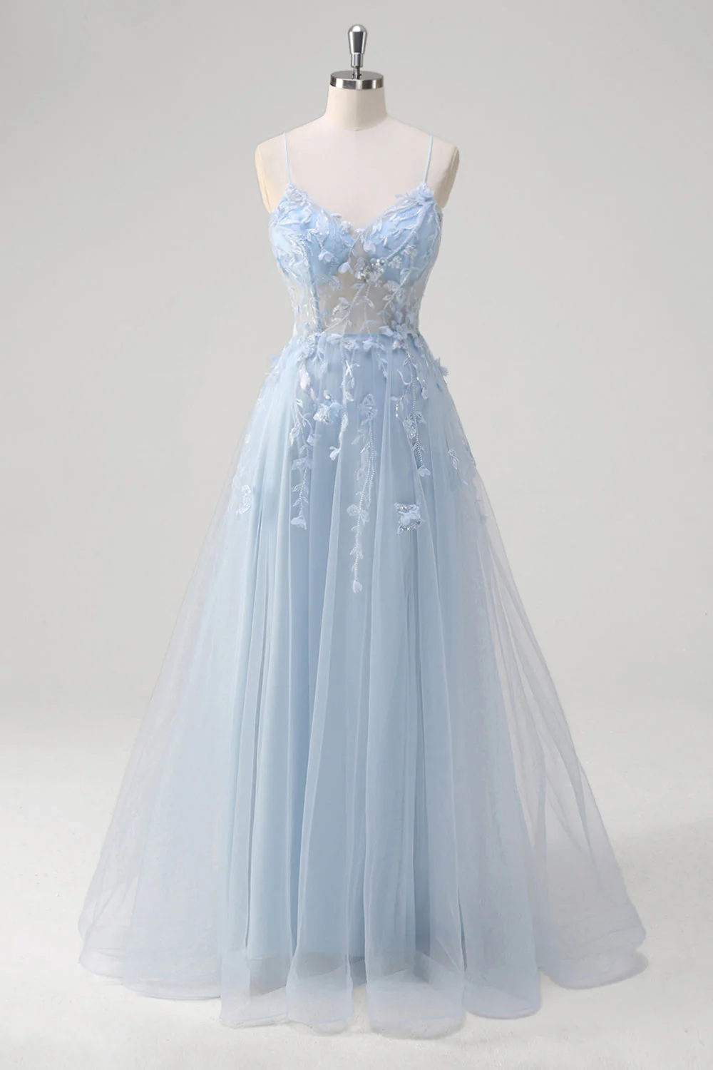 A Line Tulle Spaghetti Straps Corset Applique Blue Prom Dress with Slit - Image 7