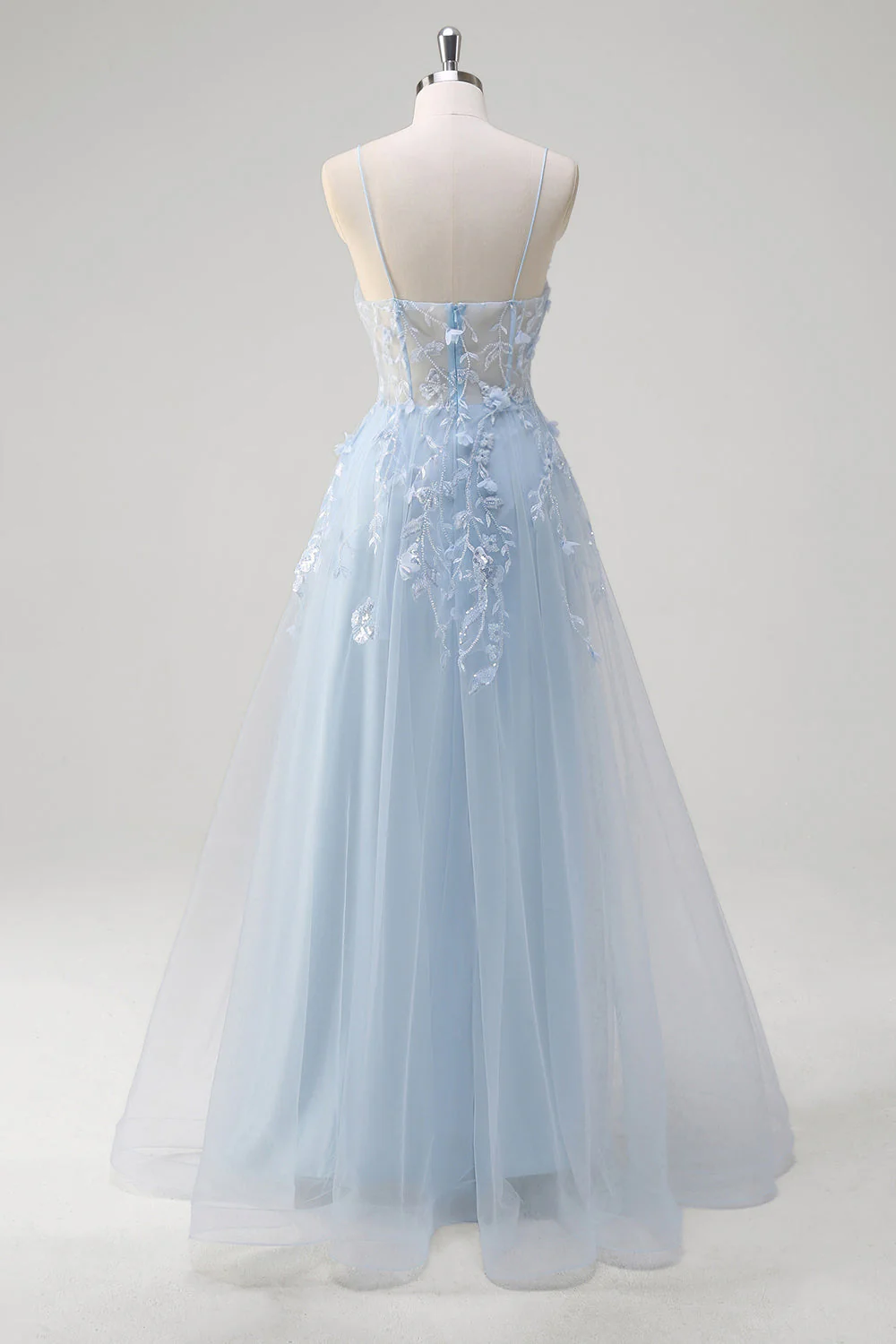 A Line Tulle Spaghetti Straps Corset Applique Blue Prom Dress with Slit - Image 8