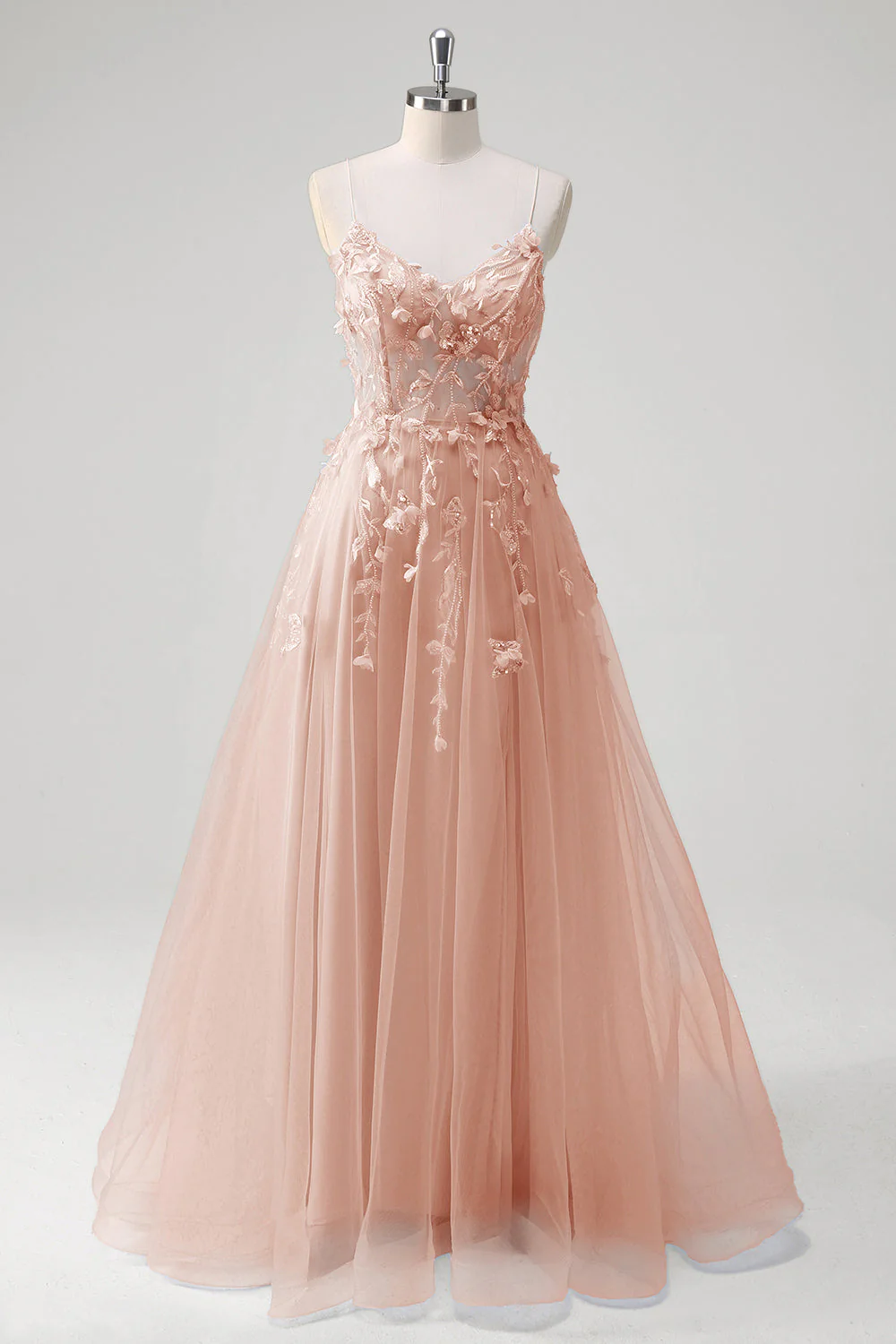 A Line Tulle Spaghetti Straps Corset Applique Blue Prom Dress with Slit - Image 9
